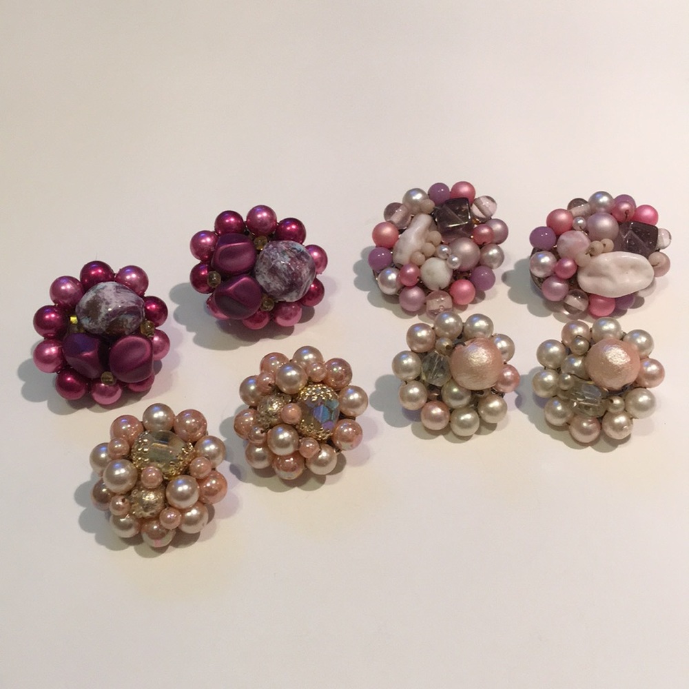 Set of 4 Pink Vintage Beaded Clip On Earrings